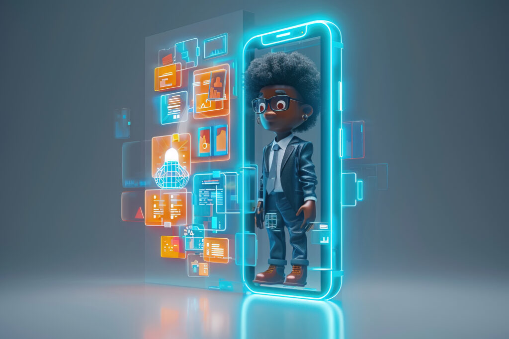 3d character emerging from smartphone